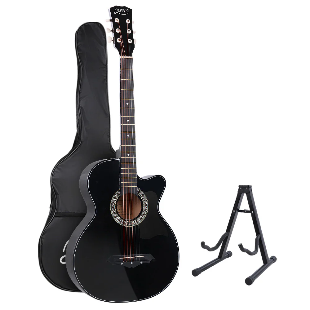 Alpha 38 Inch Acoustic Guitar Wooden Body Steel String Full Size w/ Stand