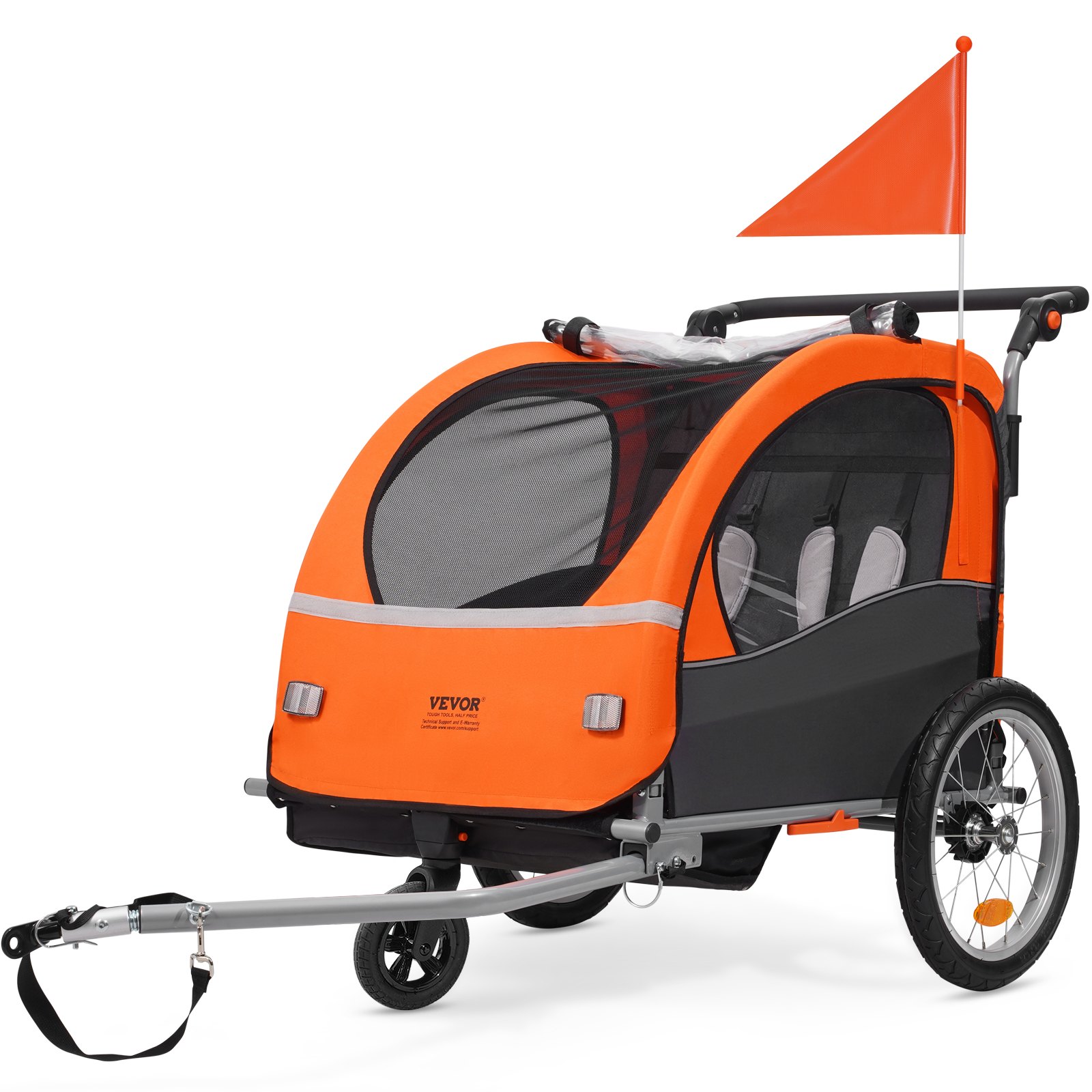 Bike Trailer for Toddlers, Kids, Double Seat, 45 kg Load, 2-In-1 Canopy Carrier Converts to Stroller, Tow Behind Foldable Child Bicycle Trailer with Universal Bicycle Coupler, Orange and Gray