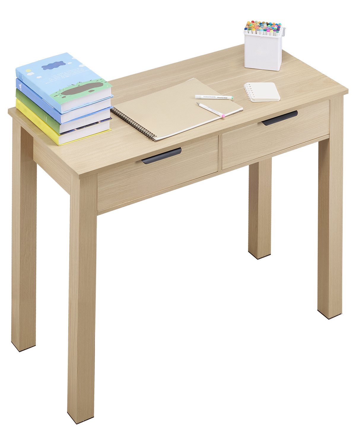 Small Desk with Drawers, Kids Desk for Bedroom, Modern Simple Study Table for Drawing, Reading, Writing, Rectangle MDF Furniture Study Storage Table for Home, Office, Light Wood